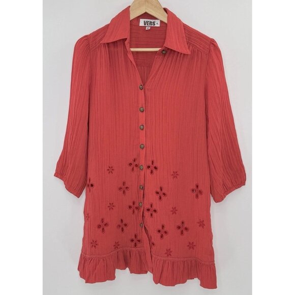 Couture Vers Yours Women's Red Embroidered Long Sleeve Tunic Blouse Sz L/11 Boho - Picture 1 of 10